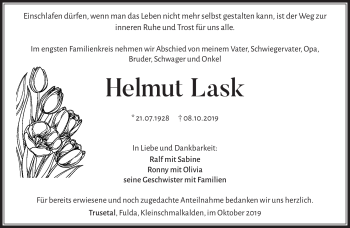 Traueranzeige von Helmut Lask von Südthüringer Presse