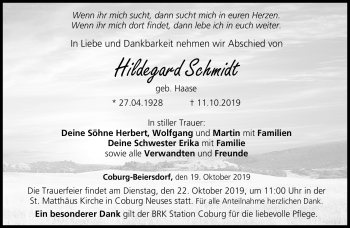 Traueranzeige von Hildegard Schmidt von Neue Presse Coburg