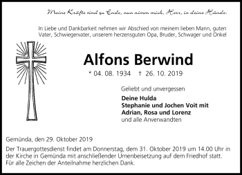 Traueranzeige von Alfons Berwind von Neue Presse Coburg