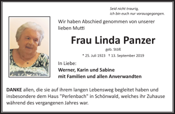 Traueranzeige von Linda Panzer von Frankenpost