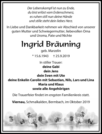 Traueranzeige von Ingrid Bräuning von Südthüringer Presse