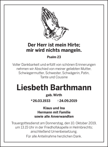 Traueranzeige von Liesbeth Barthmann von Frankenpost