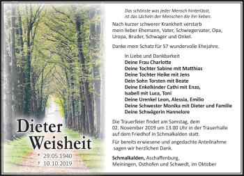 Traueranzeige von Dieter Weisheit von Südthüringer Presse