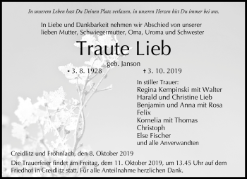 Traueranzeige von Traute Lieb von Neue Presse Coburg