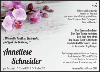 Traueranzeige von Anneliese Schneider von Südthüringer Presse