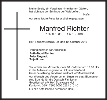 Traueranzeige von Manfred Richter von Frankenpost