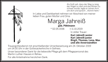 Traueranzeige von Marga Jahreiß von Frankenpost