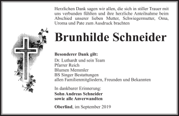 Traueranzeige von Brunhilde Schneider von Südthüringer Presse