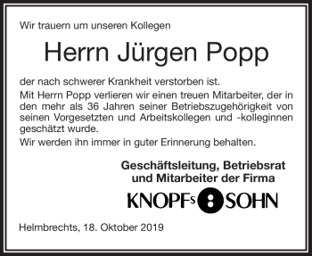 Traueranzeige von Jürgen Popp von Frankenpost