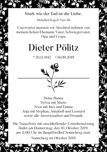 Traueranzeige von Dieter Pölitz von Südthüringer Presse