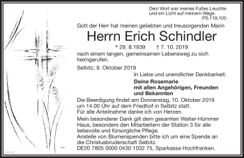 Traueranzeige von Erich Schindler von Frankenpost