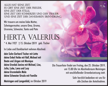 Traueranzeige von Herta Valerius von Südthüringer Presse