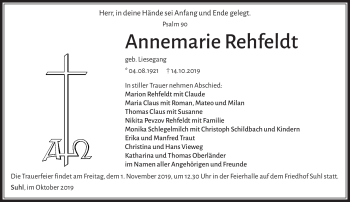 Traueranzeige von Annemarie Rehfeldt von Südthüringer Presse