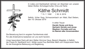 Traueranzeige von Käthe Schmidt von Frankenpost