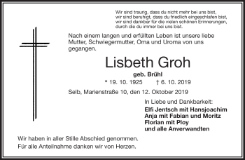 Traueranzeige von Lisbeth Groh von Frankenpost