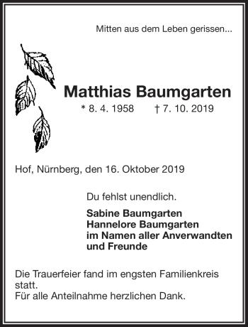 Traueranzeige von Matthias Baumgarten von Frankenpost