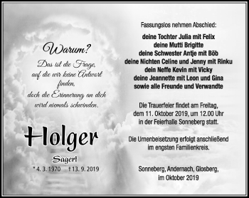 Traueranzeige von Holger Sagert von Südthüringer Presse