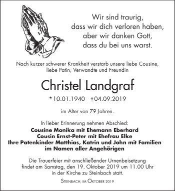 Traueranzeige von Christel Landgraf von Südthüringer Presse