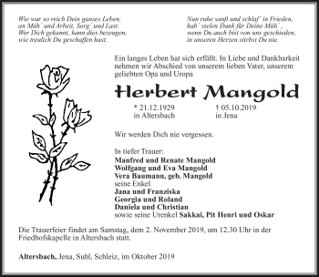 Traueranzeige von Herbert Mangold von Südthüringer Presse
