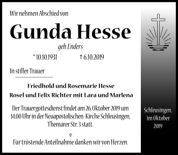 Traueranzeige von Gunda Hesse von Südthüringer Presse