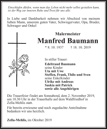 Traueranzeige von Manfred Baumann von Südthüringer Presse