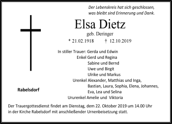 Traueranzeige von Elsa Dietz von Neue Presse Coburg