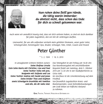 Traueranzeige von Peter Günther von Südthüringer Presse