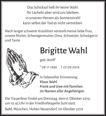 Traueranzeige von Brigitte Wahl von Südthüringer Presse