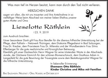 Traueranzeige von Lieselotte Räthlein von Südthüringer Presse