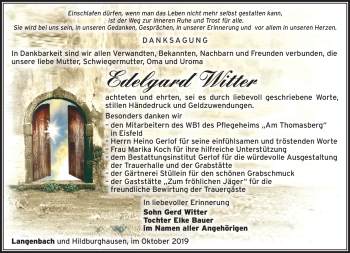 Traueranzeige von Edelgard Witter von Südthüringer Presse