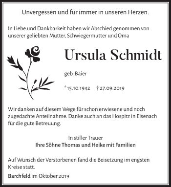 Traueranzeige von Ursula Schmidt von Südthüringer Presse