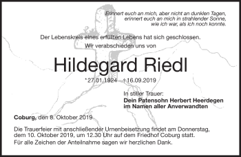 Traueranzeige von Hildegard Riedl von Neue Presse Coburg