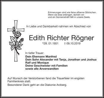 Traueranzeige von Edith Richter Rögner von Frankenpost