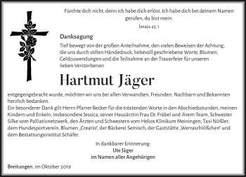 Traueranzeige von Hartmut Jäger von Südthüringer Presse