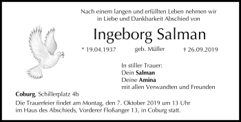 Traueranzeige von Ingeborg Salman von Neue Presse Coburg