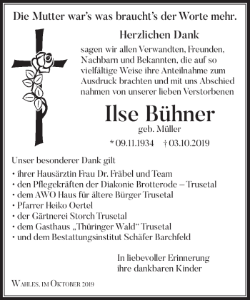 Traueranzeige von Ilse Bühner von Südthüringer Presse