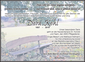 Traueranzeige von Dora Kohl von Südthüringer Presse