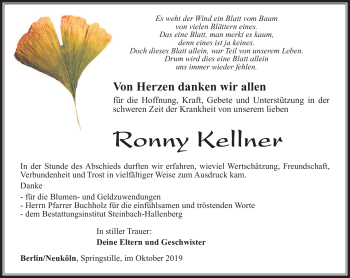 Traueranzeige von Ronny Kellner von Südthüringer Presse