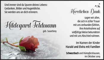 Traueranzeige von Hildegard Feldmann von Südthüringer Presse