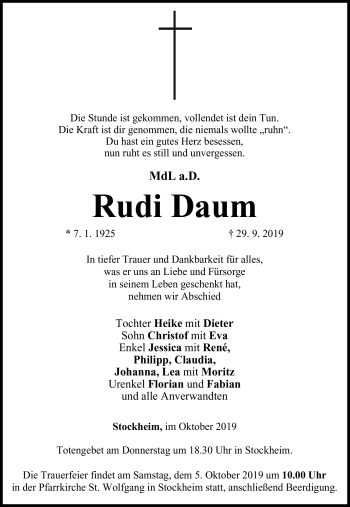 Traueranzeige von Rudi Daum von Neue Presse Coburg