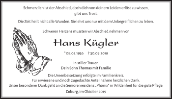 Traueranzeige von Hans Kügler von Südthüringer Presse
