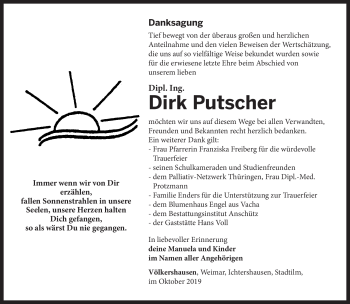 Traueranzeige von Dirk Putscher von Südthüringer Presse