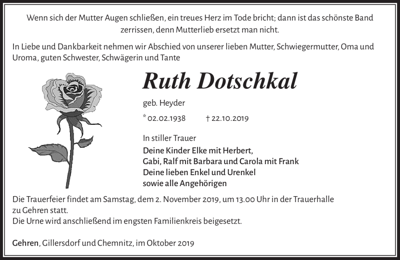  Traueranzeige für Ruth Dotschkal vom 29.10.2019 aus Südthüringer Presse