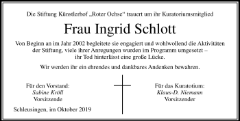 Traueranzeige von Ingrid Schlott von Südthüringer Presse