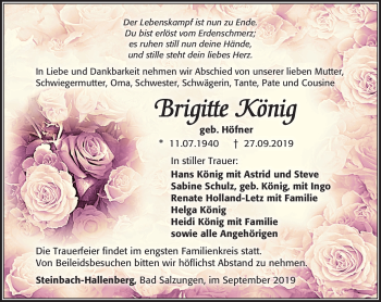 Traueranzeige von Brigitte König von Südthüringer Presse