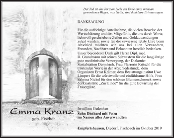 Traueranzeige von Emma Kranz von Südthüringer Presse