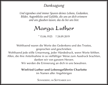 Traueranzeige von Marga Luther von Südthüringer Presse