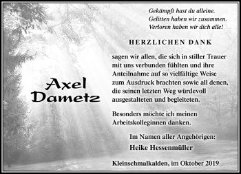 Traueranzeige von Axel Dametz von Südthüringer Presse