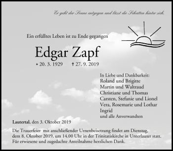 Traueranzeige von Edgar Zapf von Neue Presse Coburg
