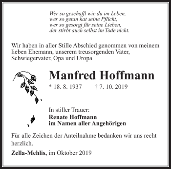 Traueranzeige von Manfred Hoffmann von Südthüringer Presse